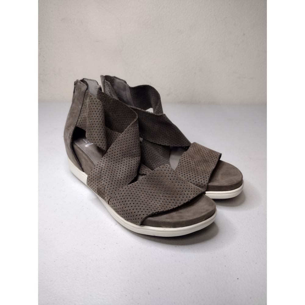 Eileen Fisher‎ Womens Grey Perforated Nubuck Leather Platform Wedge Sandals  8